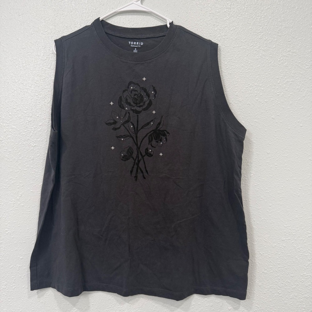 Torrid Relaxed Fit Muscle Tee Charcoal Gray Floral Graphic Sleeveless Top 0 L XL